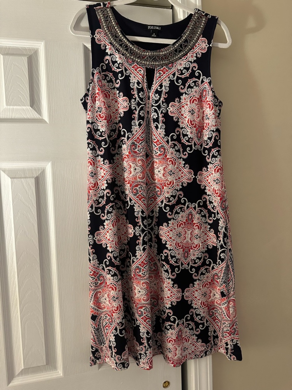 Roz & Ali Navy and Pink Embellished Neckline Midi Dress
